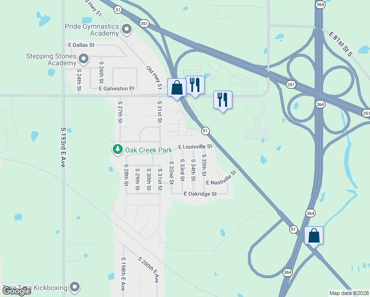 map of restaurants, bars, coffee shops, grocery stores, and more near 1117 South 33rd Street in Broken Arrow