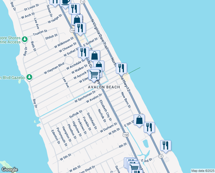 map of restaurants, bars, coffee shops, grocery stores, and more near 107 East Sportsman Drive in Kill Devil Hills
