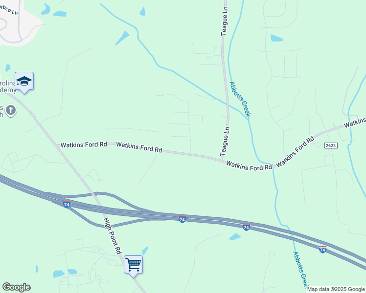 map of restaurants, bars, coffee shops, grocery stores, and more near 7351 Watkins Ford Road in Kernersville