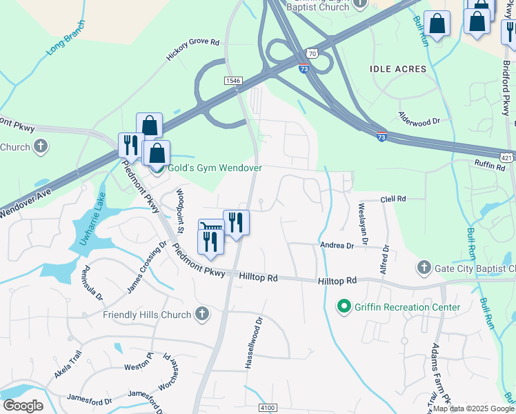 map of restaurants, bars, coffee shops, grocery stores, and more near 1209 Guilford College Road in Jamestown