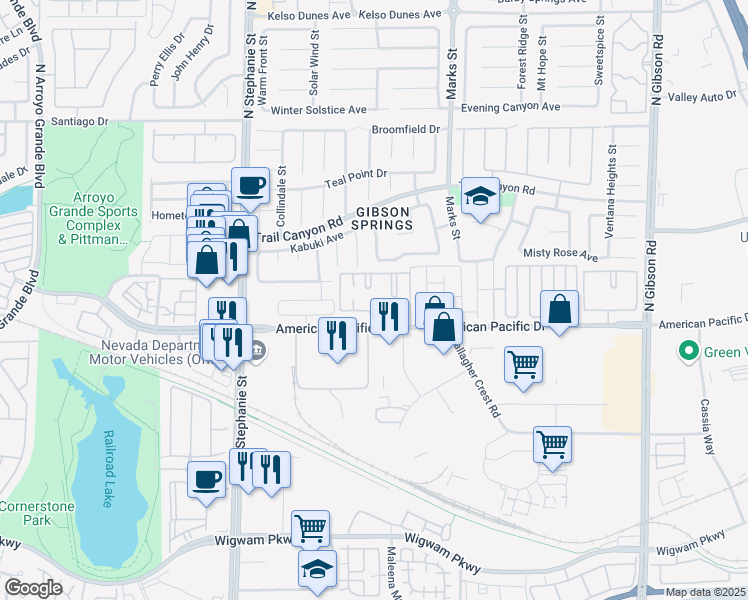 map of restaurants, bars, coffee shops, grocery stores, and more near 1250 American Pacific Drive in Henderson