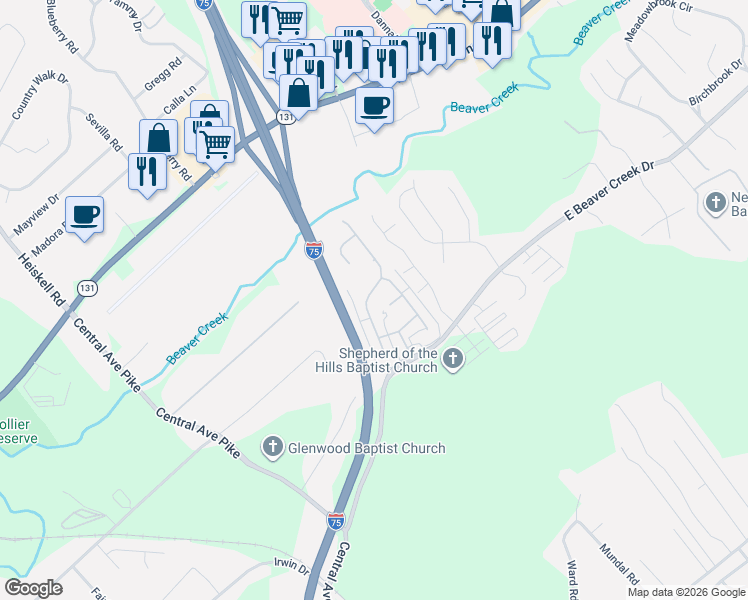 map of restaurants, bars, coffee shops, grocery stores, and more near 7172 High Alpine Lane in Knoxville