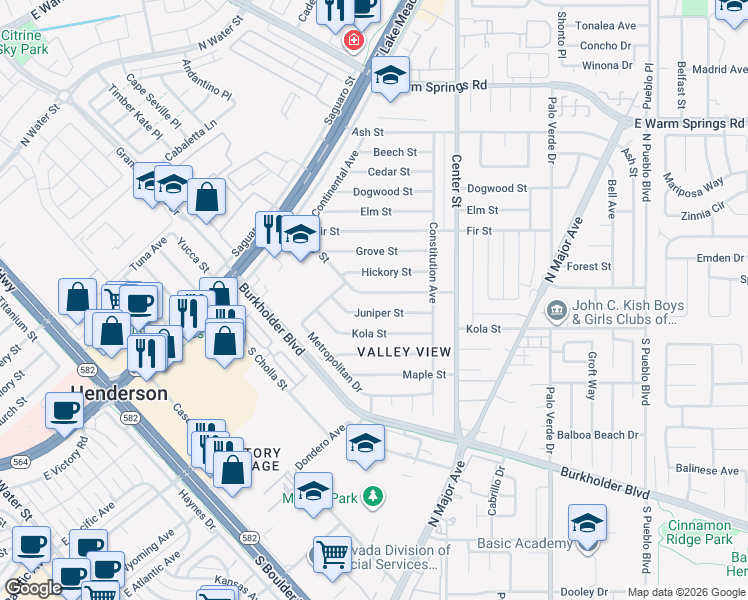map of restaurants, bars, coffee shops, grocery stores, and more near 139 Ivy Street in Henderson