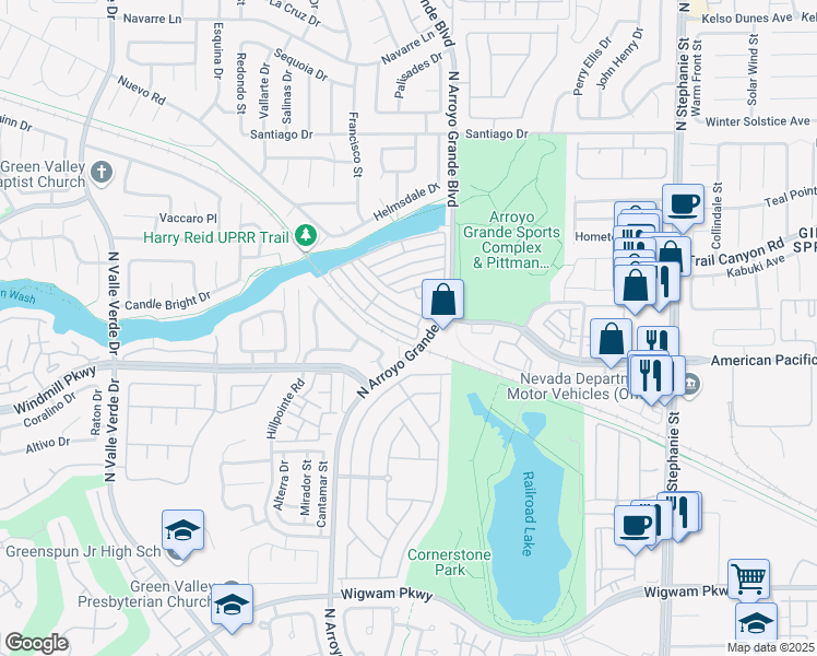 map of restaurants, bars, coffee shops, grocery stores, and more near 1605 Aspen Meadows Drive in Henderson