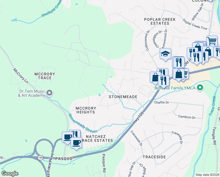 map of restaurants, bars, coffee shops, grocery stores, and more near 5028 Stonemeade Drive in Nashville