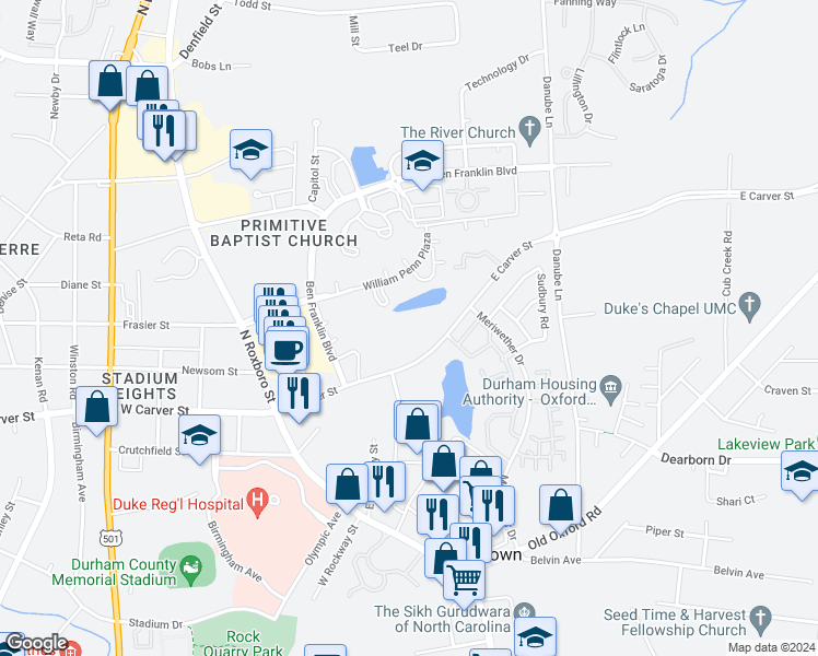 map of restaurants, bars, coffee shops, grocery stores, and more near 303 East Carver Street in Durham