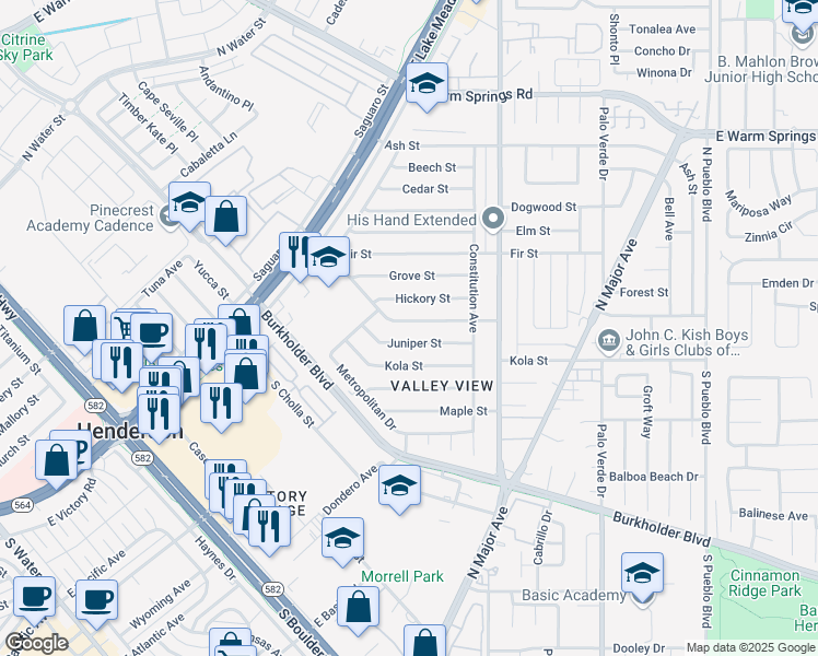 map of restaurants, bars, coffee shops, grocery stores, and more near 139 Ivy Street in Henderson