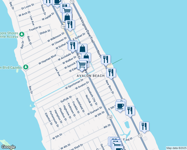 map of restaurants, bars, coffee shops, grocery stores, and more near 107 East Sportsman Drive in Kill Devil Hills