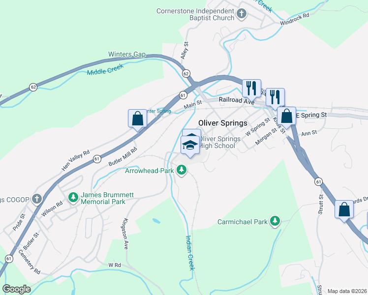 map of restaurants, bars, coffee shops, grocery stores, and more near 240 Burney Drive in Oliver Springs