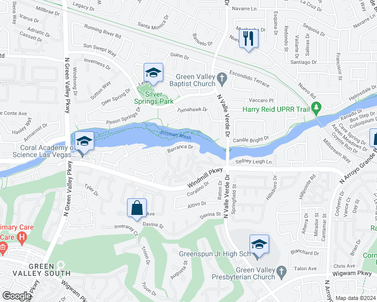map of restaurants, bars, coffee shops, grocery stores, and more near 255 Borrego Drive in Henderson