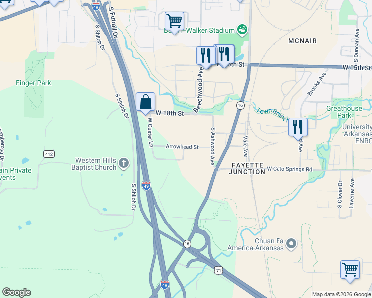 map of restaurants, bars, coffee shops, grocery stores, and more near 1800 Arrowhead Street in Fayetteville