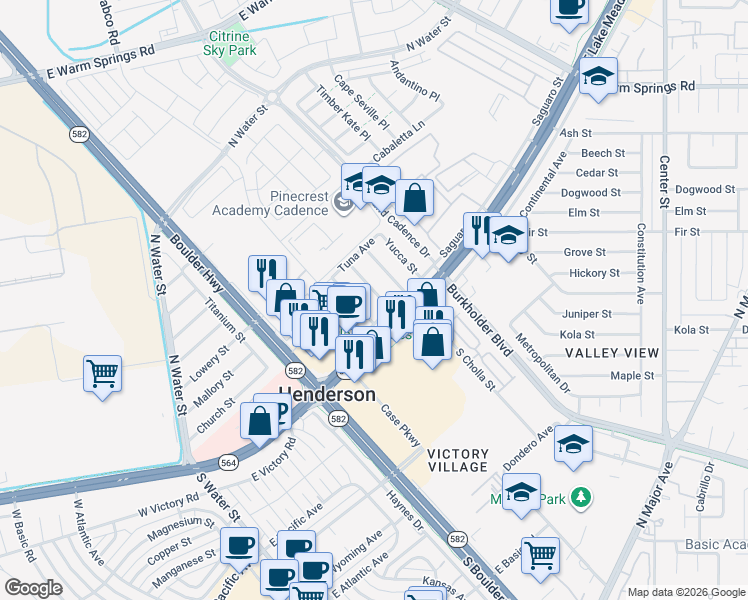 map of restaurants, bars, coffee shops, grocery stores, and more near 110 Joshua Street in Henderson