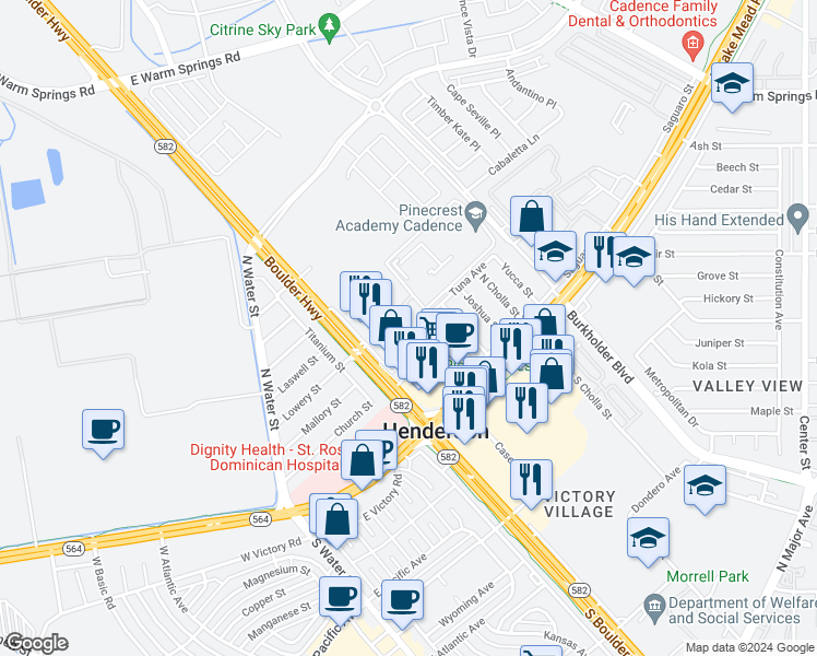 map of restaurants, bars, coffee shops, grocery stores, and more near 301 Taylor Street in Henderson