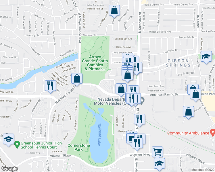 map of restaurants, bars, coffee shops, grocery stores, and more near 225 Moonshot Street in Henderson