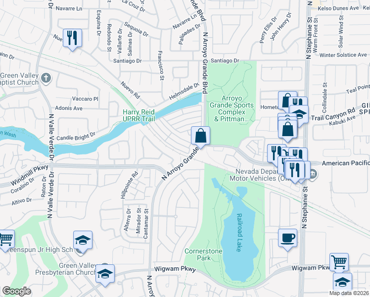 map of restaurants, bars, coffee shops, grocery stores, and more near 1613 Cave Spring Drive in Henderson
