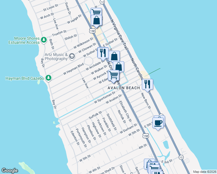 map of restaurants, bars, coffee shops, grocery stores, and more near 2300 N Croatan Hwy in Kill Devil Hills