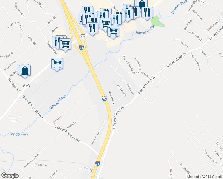 map of restaurants, bars, coffee shops, grocery stores, and more near 7172 High Alpine Lane in Knoxville