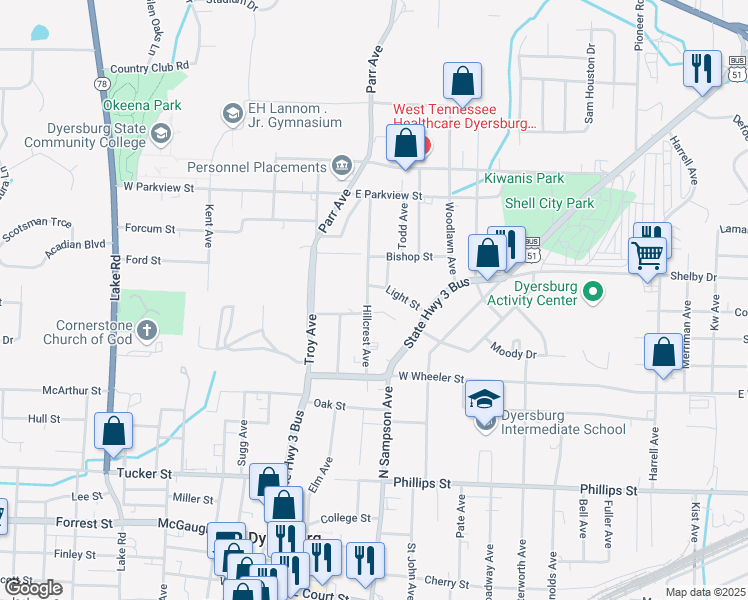 map of restaurants, bars, coffee shops, grocery stores, and more near 300 Light Street in Dyersburg