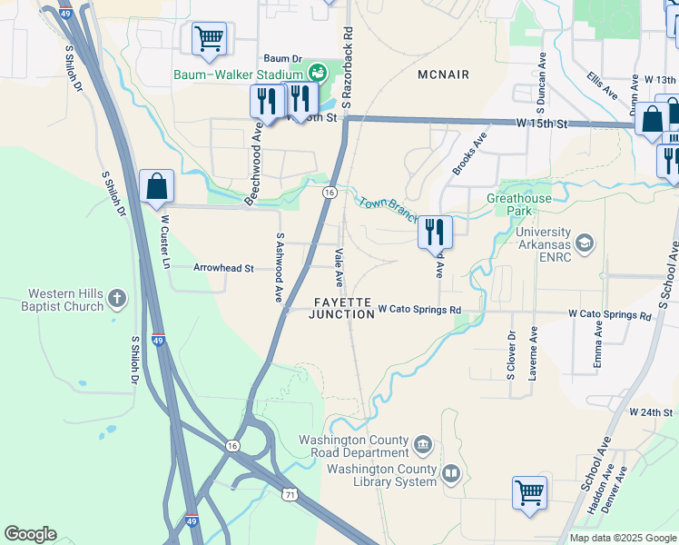 map of restaurants, bars, coffee shops, grocery stores, and more near 1901-1969 Vale Ave in Fayetteville