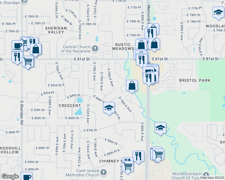 map of restaurants, bars, coffee shops, grocery stores, and more near 7503 East 83rd Street in Tulsa