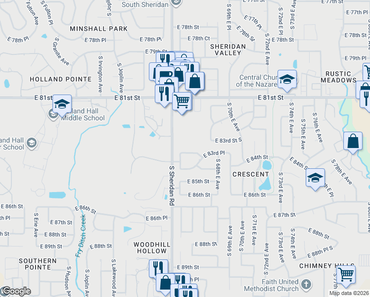map of restaurants, bars, coffee shops, grocery stores, and more near 8310 South Sheridan Road in Tulsa