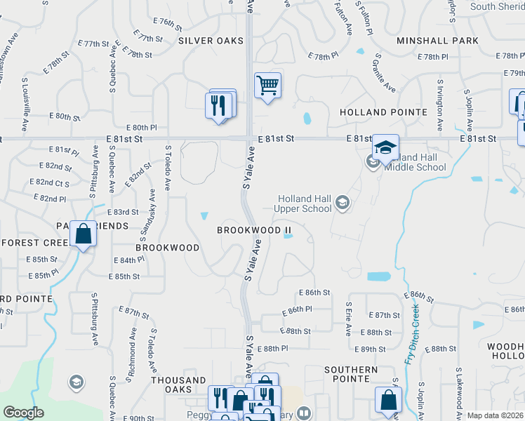 map of restaurants, bars, coffee shops, grocery stores, and more near 8303 South Allegheny Avenue in Tulsa