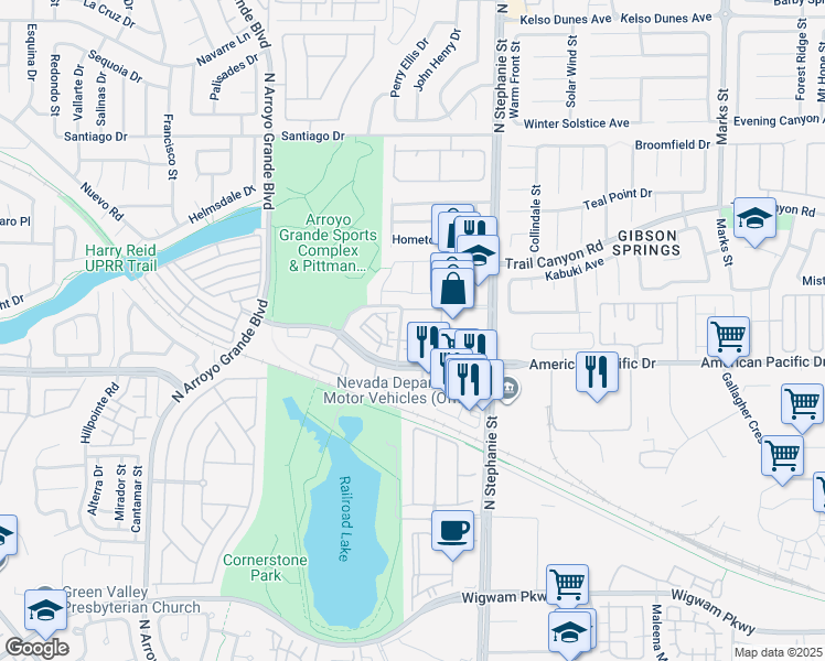 map of restaurants, bars, coffee shops, grocery stores, and more near 210 Quest Park Street in Henderson