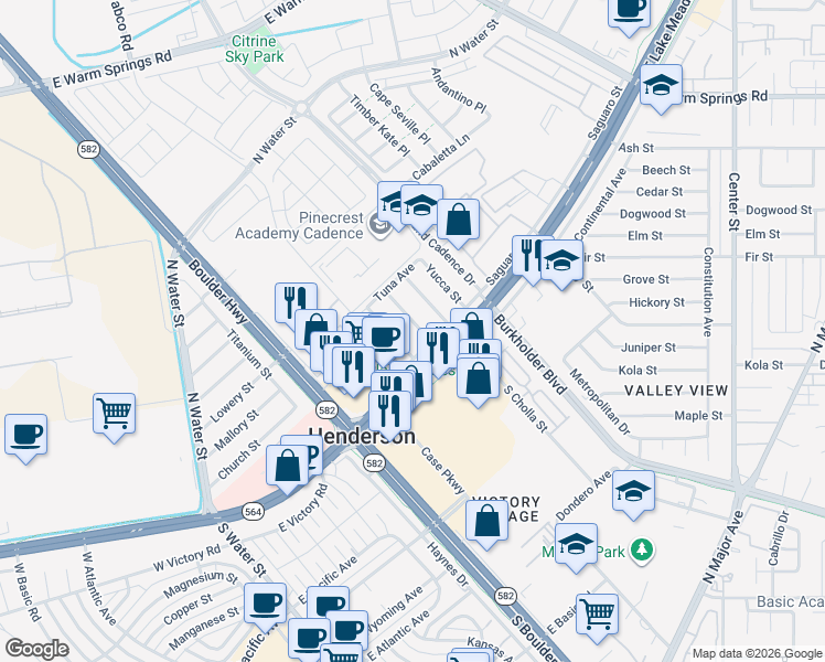 map of restaurants, bars, coffee shops, grocery stores, and more near 110 Joshua Street in Henderson