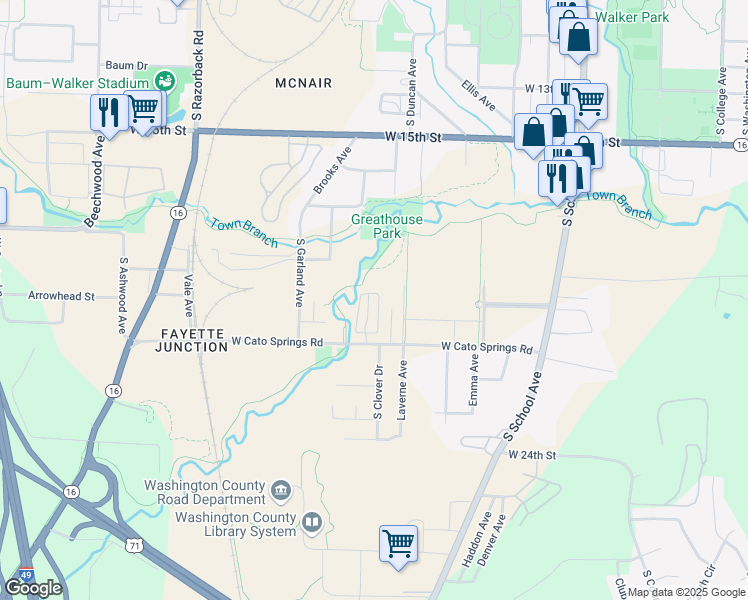 map of restaurants, bars, coffee shops, grocery stores, and more near 1975 Cline Avenue in Fayetteville