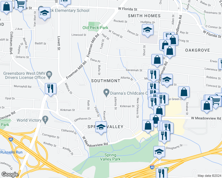 map of restaurants, bars, coffee shops, grocery stores, and more near 2312 Atlanta Street in Greensboro