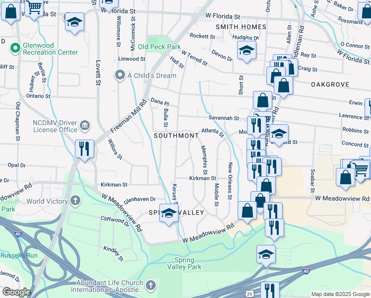 map of restaurants, bars, coffee shops, grocery stores, and more near 2312 Atlanta Street in Greensboro