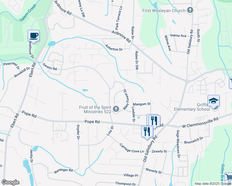 map of restaurants, bars, coffee shops, grocery stores, and more near 165 Riley Forest Court in Winston-Salem