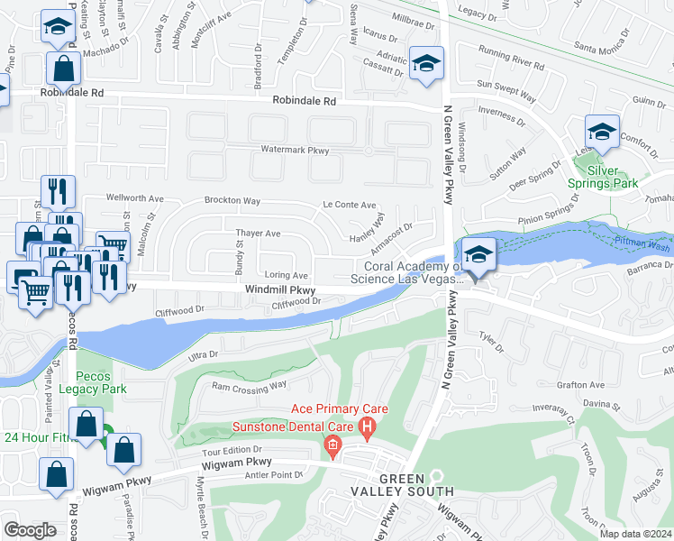 map of restaurants, bars, coffee shops, grocery stores, and more near 2248 Midvale Terrace in Henderson