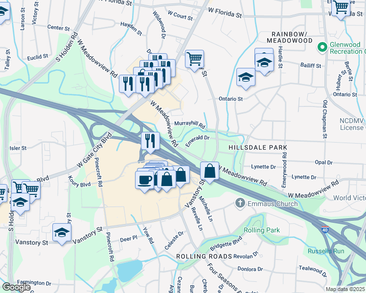 map of restaurants, bars, coffee shops, grocery stores, and more near 2516 Emerald Drive in Greensboro