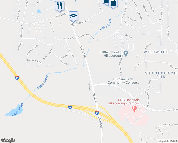 map of restaurants, bars, coffee shops, grocery stores, and more near 2829 Old NC 86 in Hillsborough