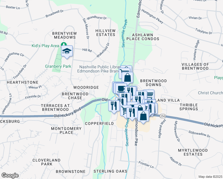 map of restaurants, bars, coffee shops, grocery stores, and more near 5720 Brentwood Meadows Circle in Brentwood