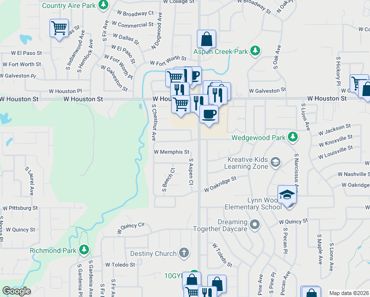 map of restaurants, bars, coffee shops, grocery stores, and more near 2220 West Louisville Street in Broken Arrow