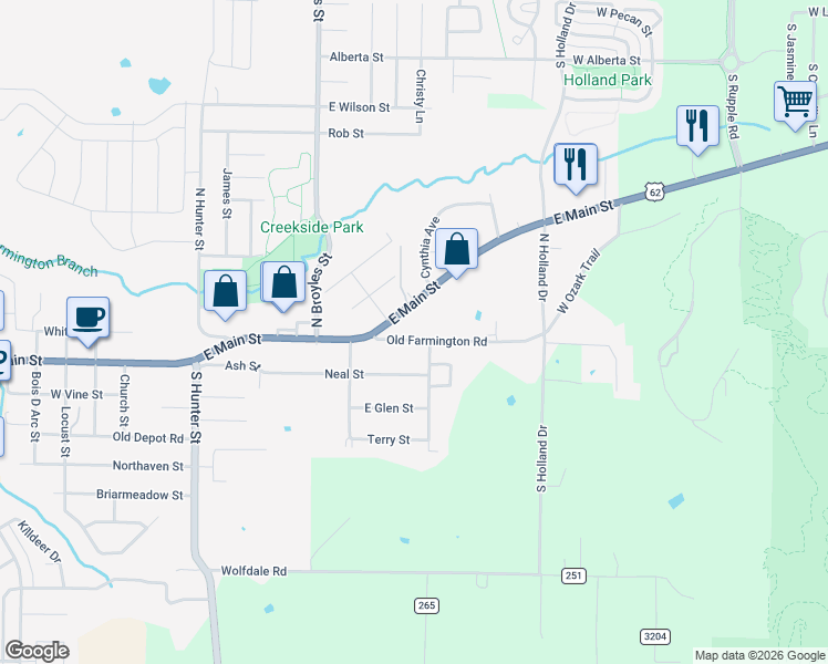 map of restaurants, bars, coffee shops, grocery stores, and more near 182 East Main Street in Farmington