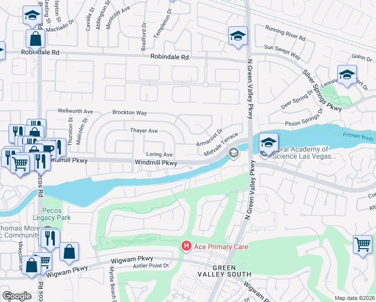 map of restaurants, bars, coffee shops, grocery stores, and more near 2248 Midvale Terrace in Henderson