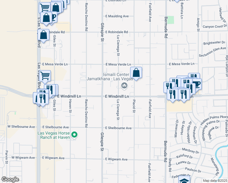 map of restaurants, bars, coffee shops, grocery stores, and more near 2 East Windmill Lane in Las Vegas