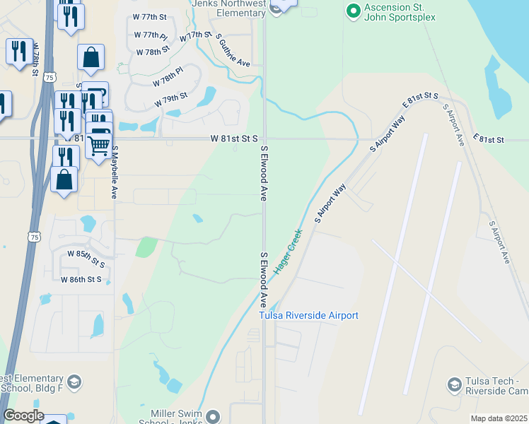 map of restaurants, bars, coffee shops, grocery stores, and more near 8300 South Elwood Avenue in Tulsa