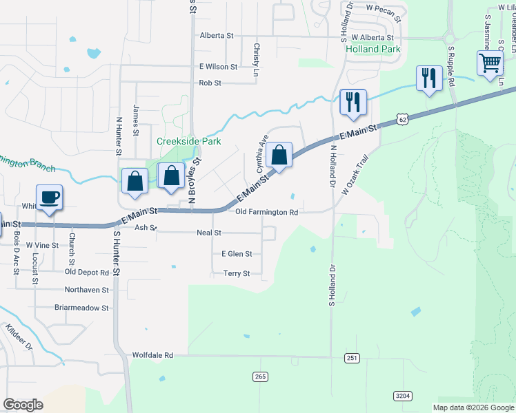 map of restaurants, bars, coffee shops, grocery stores, and more near 199-205 East Main Street in Farmington
