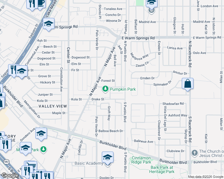 map of restaurants, bars, coffee shops, grocery stores, and more near 415 Pumpkin Way in Henderson