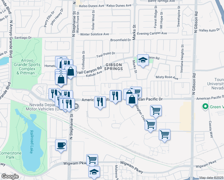map of restaurants, bars, coffee shops, grocery stores, and more near 1113 Cloudy Day Drive in Henderson