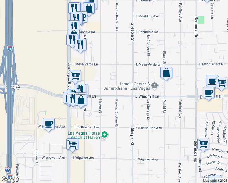 map of restaurants, bars, coffee shops, grocery stores, and more near 110 East Windmill Lane in Las Vegas