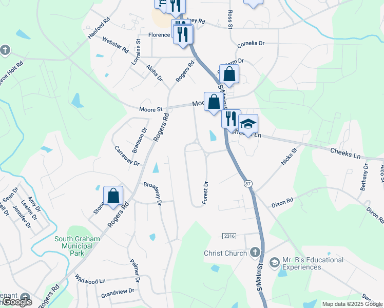 map of restaurants, bars, coffee shops, grocery stores, and more near 118 Forest Drive in Graham