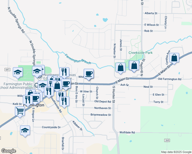 map of restaurants, bars, coffee shops, grocery stores, and more near 58 White Street in Farmington