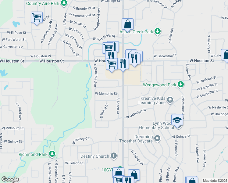 map of restaurants, bars, coffee shops, grocery stores, and more near 2220 West Louisville Street in Broken Arrow
