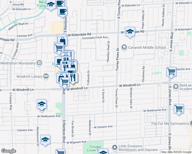 map of restaurants, bars, coffee shops, grocery stores, and more near 6653 Ashley House Court in Las Vegas