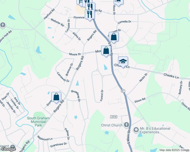 map of restaurants, bars, coffee shops, grocery stores, and more near 118 Forest Drive in Graham